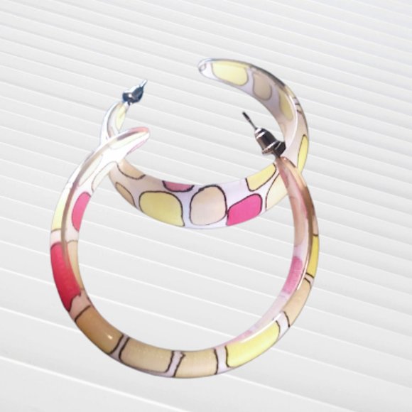 Multi Colored Yellow & Pink Acrylic Hoop Trending Earrings With White Background - Picture 14 of 16